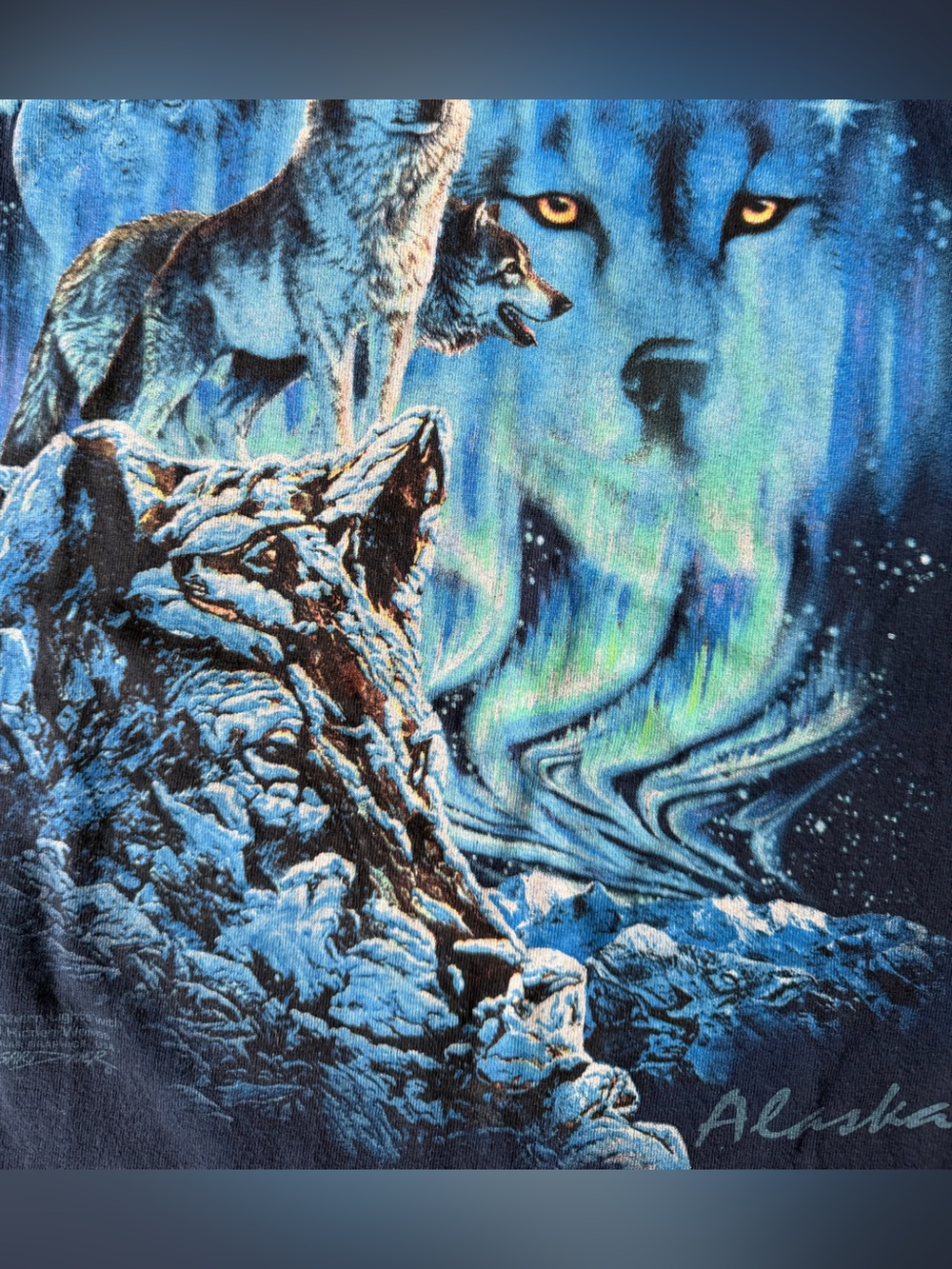 Alaska Northern Lights Blue Wolf Graphic Tee with Moon and Aurora
